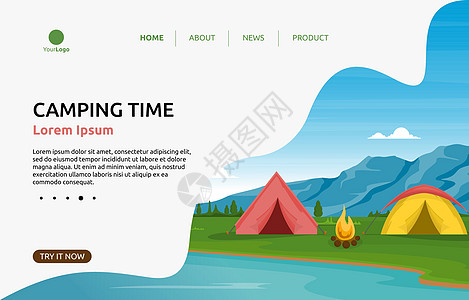 野营冒险湖自然景观卡通着陆页网页模板界面主页网站插图远足假期横幅营火闲暇游客图片