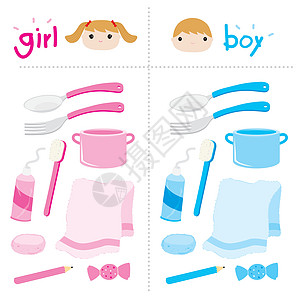 男孩和女孩字符向量的儿童配件和项目对象集图片