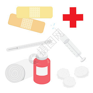 一套医疗设备在医院石膏绷带注射器温度计和棉毛卡通 Vecto图片