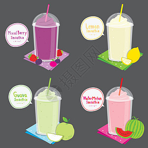 健康水果冰沙菜单混合浆果柠檬番石榴和西瓜汁卡通 Vecto图片