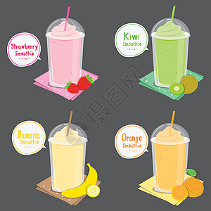 健康水果冰沙菜单草莓猕猴桃香蕉和橙汁卡通 Vecto图片