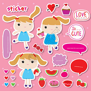 一套贴纸或标签可爱的女孩和水果食品甜点卡通 Vecto图片