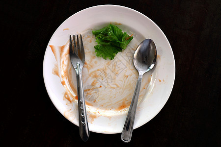 一盘米饭 盘叉和勺子上放空垃圾食品和绿色蔬菜叶烹饪厨房垃圾桶盘子桌子餐厅治疗遗迹午餐环境图片