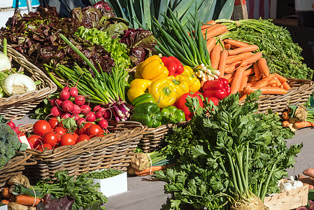 蔬菜市场市场上新鲜的彩色蔬菜背景