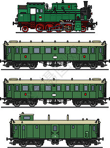 经典蒸汽火车车辆卡通片邮政乘客机车机器运输绿色引擎车皮背景图片