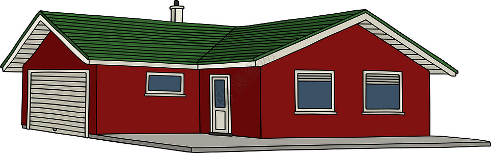 红色低矮的房子窝棚绿色窗户平房白色家庭建造车库卡通片图片