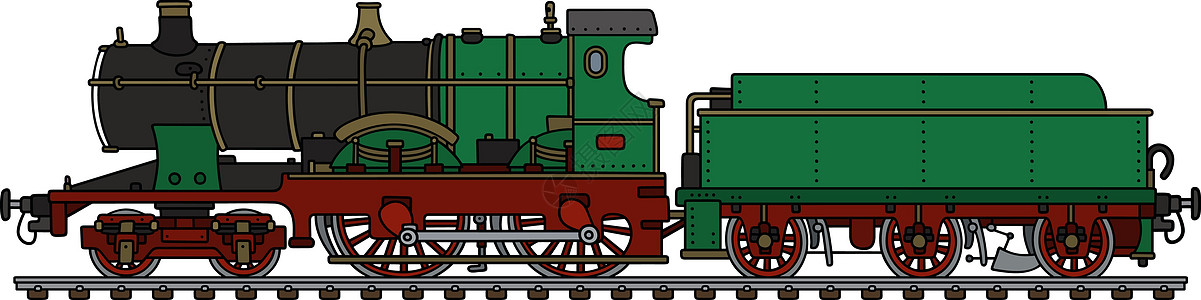 复古绿色蒸汽机车黑色引擎机器铁路火车卡通片插图红色运输汽车图片