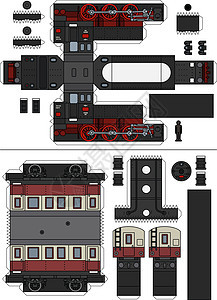 老式蒸汽火车的纸模型插图纸艺黑色铁路机车车皮乘客机器红色胶水图片