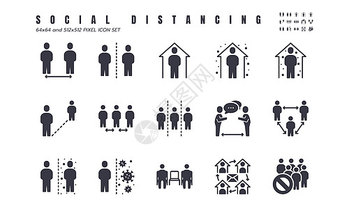 一组简单的社会隔离冠状病毒病 2019 Covid-19 实心字形图标 例如等图标  64x64 和 512x512 像素矢量图片