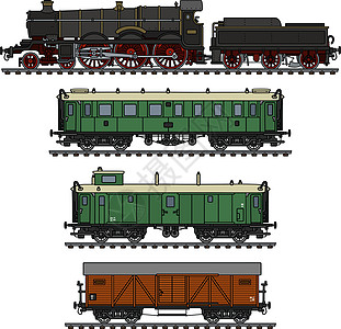 古老蒸汽列车乘客邮政车皮火车卡通片教练机器汽车铁路货物图片