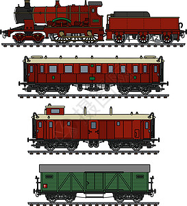 复古红色蒸汽火车乘客汽车机器货物教练绿色货运铁路邮政车皮图片