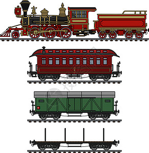 老式美国蒸汽火车教练机器铁路运输引擎绿色木头荒野货运卡通片图片