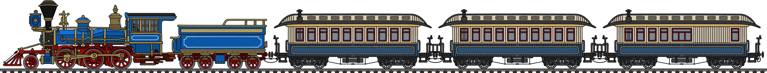 老式美国蒸汽火车蓝色荒野运输教练铁路机器插图红色车皮煤炭图片