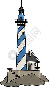 古老的青花石灯塔好奇心岩石运输卡通片海洋插图地标蓝色灯笼石头图片