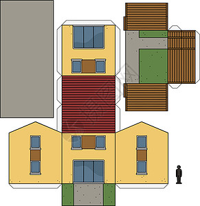 房子的纸模型花园灰色建筑玩具褐色卡通片中庭家庭黄色绿色图片
