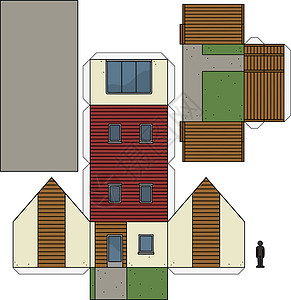 房子的纸模型胶水褐色家庭黄色奶油绿色红色窗户建筑学卡通片图片