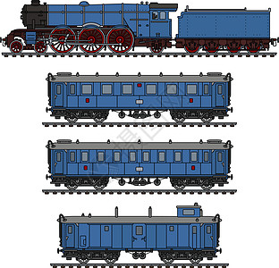 老式的蓝色蒸汽火车乘客车皮铁路机车车辆邮政卡通片运输黑色图片
