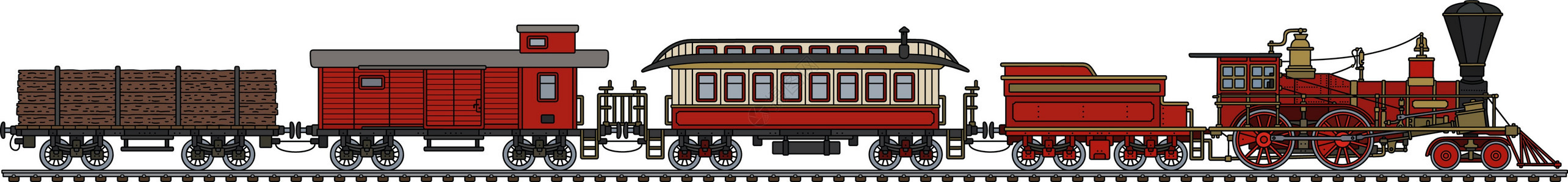 老式美国蒸汽火车插图黄铜运输教练机器红色乘客木材煤炭卡通片图片