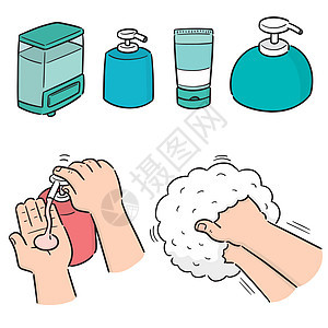 一套洗发水和液体肥皂瓶皮肤线条瓶子夹子涂鸦润肤手绘卡通片气味艺术图片