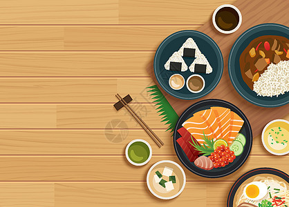 在顶视图木背景的日本食物桌子传统文化菜单餐厅寿司盘子鱼片蔬菜美食图片
