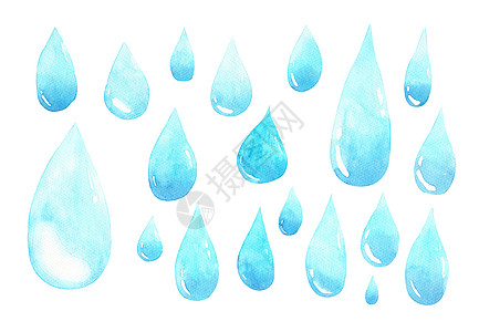 一组各种大小的水滴雨滴 雨季水彩手绘插画图片