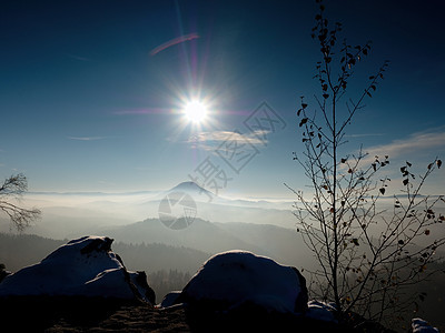 寒冷的秋天大雾天气 第一雪下的岩石山峰树叶松树爬坡反射太阳胜地雪片风景反转图片