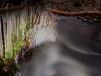 长冰柱挂在黑暗水面上倒下的树干上水晶冻结季节荒野分支机构反射波浪流动瀑布场景图片