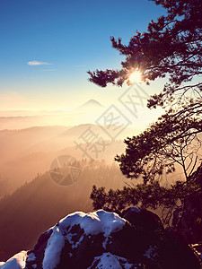 寒冷的金色春天黎明 地上雪雪 森林高峰反转阳光薄雾地面湿度公园射线爬坡冻结波浪图片