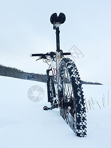 山地自行车留在粉雪中 深雪漂流 后轮细节辐条公园前轮爱好伙计运动轮缘暴风雪越野竞赛图片