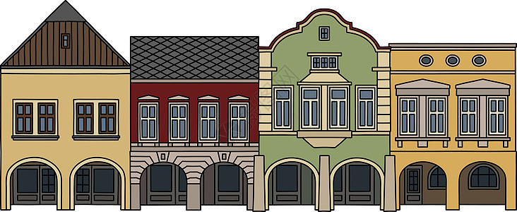四个历史悠久的汉堡屋灰色城市大街法庭白色黄色拱廊广场建筑公地图片