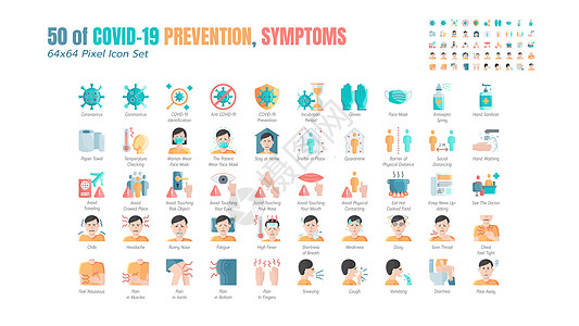 一组简单的 Covid-19 预防平面图标 保护措施冠状病毒卫生保健社交距离洗手症状隔离待在家里等图标  64x64 像素图片