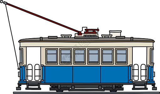 经典的蓝色电车乘客发动机运输土地奶油民众卡通片白色城市车辆图片