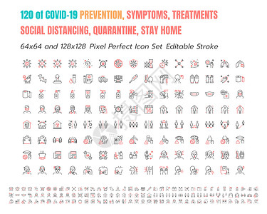 一套简单的 Covid-19 预防双色线轮廓图标 保护措施冠状病毒社交距离症状待在家里等图标  64x64 像素完美 可编辑笔划图片