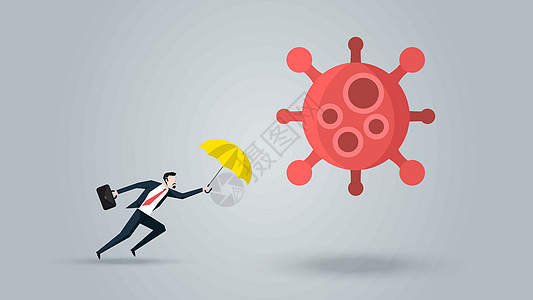 带有黄色雨伞防御冠状病毒 2019 或 Covid-19 的商务人士 意思是保护他的公司财务以在病毒爆发危机中生存和继续前进 矢图片