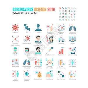 一组简单的冠状病毒病 2019 Covid-19 平面图标 等图标 阳性测试结果  64x64 像素 韦克托图片