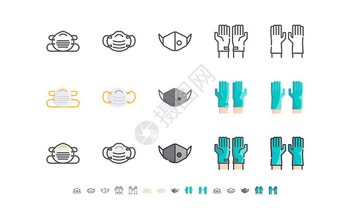 外科口罩和医用手套  Covid19疾病 2019 预防 线条轮廓平面图标集 可编辑的中风 矢量图 Eps 10安全考试乳胶尖端图片