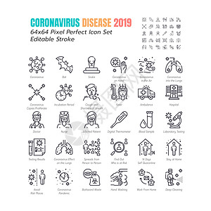 一组简单的冠状病毒病 2019 Covid19 线图标 等图标  64x64 像素完美可编辑描边 韦克托防腐剂症状预防图表插图面图片