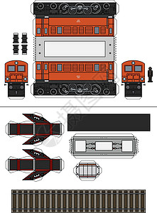 一辆经典橙色电力机车的纸模型红色蒸汽发动机棕色轨枕铁路黑色卡通片橙子机器图片