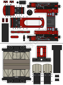 旧货运蒸汽火车的纸模型车辆玩具褐色卡通片黑色运输插图红色车皮货物图片
