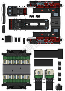 老式蒸汽火车的纸模型奶油黑色绿色车皮白色玩具铁路运输卡通片车辆图片