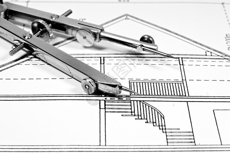 建筑图绘制和工具墨水房地产施工图计划工程师圆规管状房子计算工程背景图片