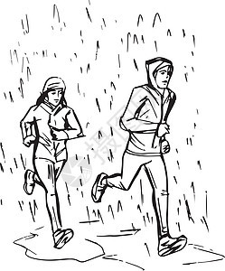 Rai 中的跑步者素描城市草图赛跑者女士女性运动员跑步运动下雨男人图片