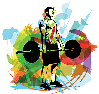 在健身房用杠铃进行举重锻炼健美插图娱乐力量男人竞技男性健身运动身体图片
