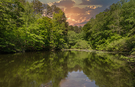 日落天下绿林中的平静湖图片
