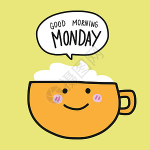 咖啡杯和早上好星期一语音泡沫卡通矢量图案中的词图片