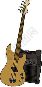 电无品贝斯吉他和梳子流行音乐岩石蓝调放大器乐队功放黄色低音助推器卡通片图片