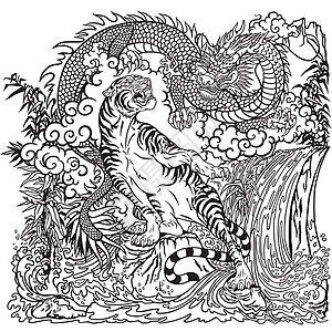 中国龙虎在风景中 绘画艺术图片