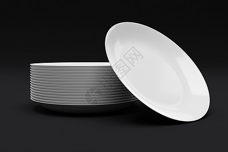 孤立在黑色背景上的白色盘子的堆栈 套空食物早餐厨房用餐午餐用具陶瓷插图空白餐具图片