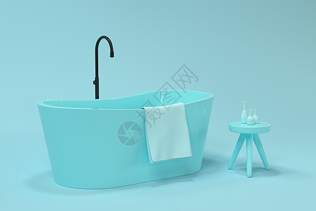 卡通浴缸与蓝色 background3d 渲染白色毛巾温泉浴室青色住宅洗涤盆地卫生间草图图片