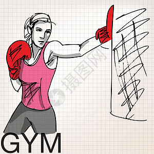 在 gy 锻炼时戴着拳击手套的女人的插图收费健身房身体斗争运动草图女士活动大厅成人图片